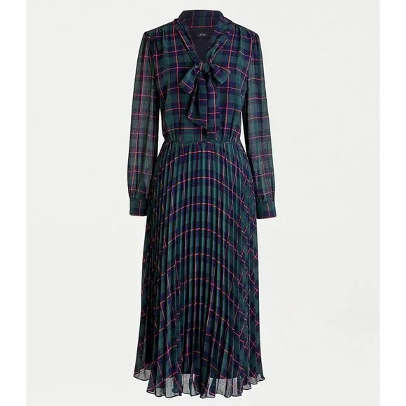 J. Crew Tie-neck Pleated A-line Dress in Black Watch Tartan - Picture 8 of 12